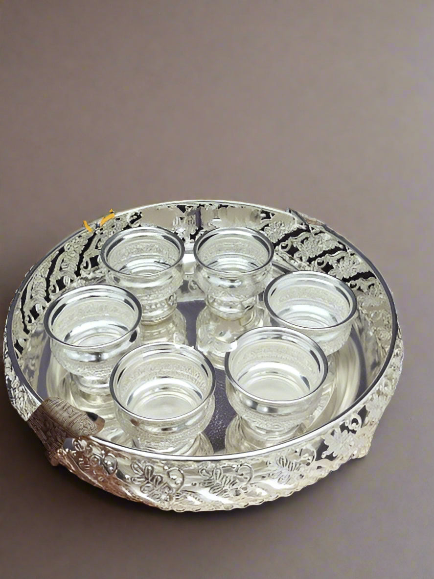 german silver designer tray with 6 bowls for snacks/ sweets/ pooja / gift item